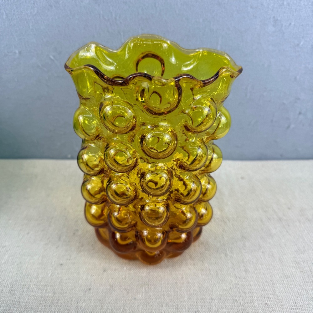 VTG Blenko 6046 Jonquil Yellow Glass Hobnail Bubble Vase Wayne Husted 8" MCM